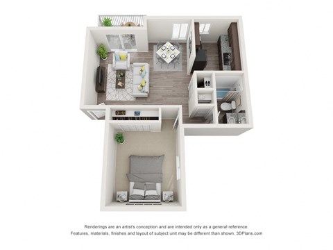 A 3D floor plan of a small apartment with a living room, kitchen, and bedroom.